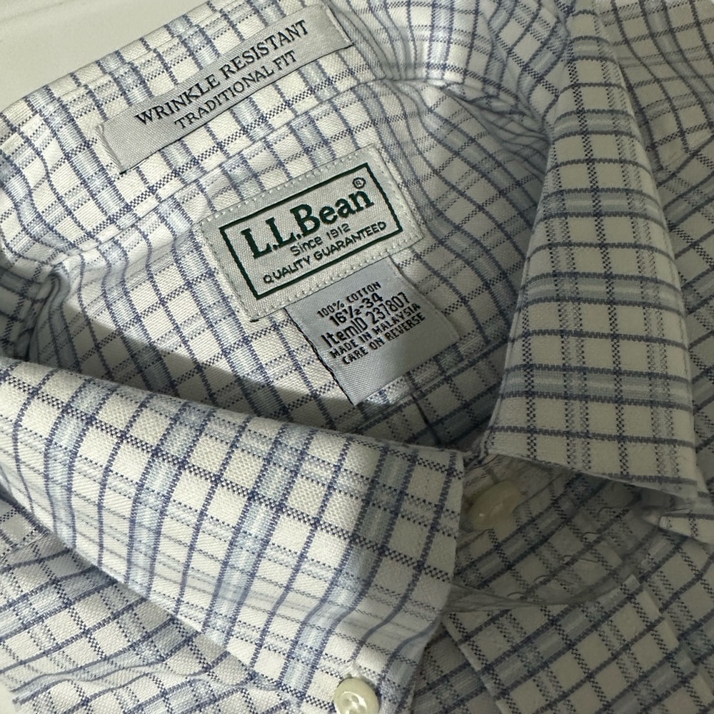 L.L. Bean Men's White and Blue Plaid Shirt